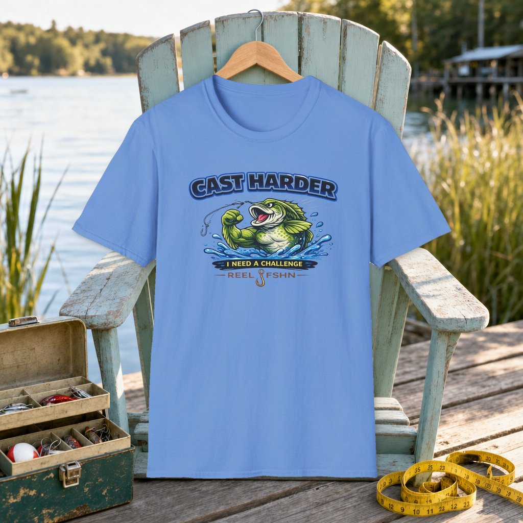 Cast Harder I Need A Challenge T-Shirt on a hanger on a seafoam fishing chair beside a lake, tackle box, and measuring tape