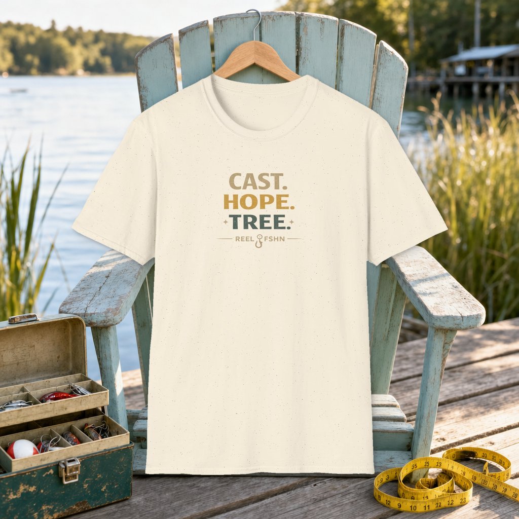 Cast. Hope. Tree.  T-Shirt on a hanger on a seafoam fishing chair beside a lake, tackle box, and measuring tape