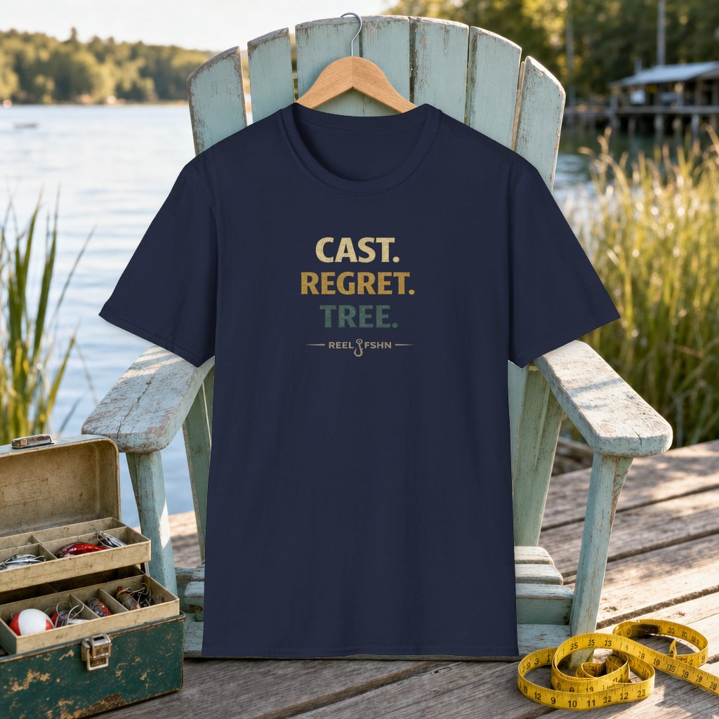 Cast. Regret. Tree.  T-Shirt on a hanger on a seafoam fishing chair beside a lake, tackle box, and measuring tape