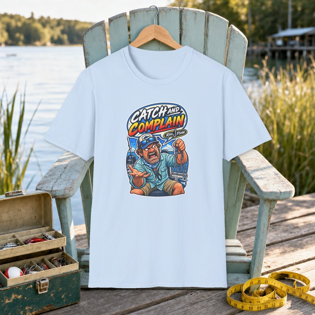 Catch & Complain T-Shirt on a hanger on a seafoam fishing chair beside a lake, tackle box, and measuring tape