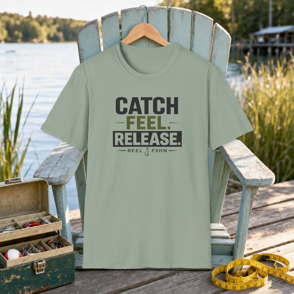 Catch Feel Release T-Shirt on a hanger on a seafoam fishing chair beside a lake, tackle box, and measuring tape