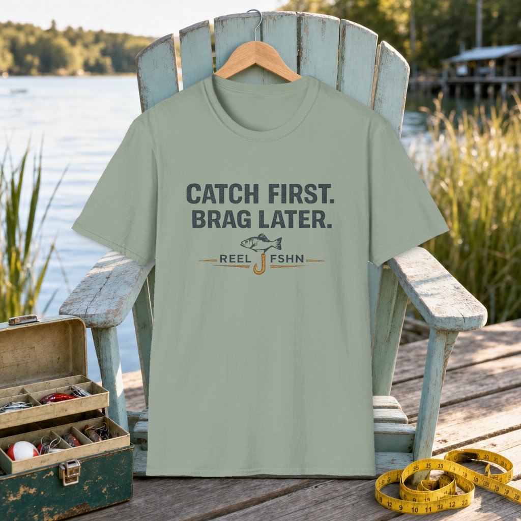 Catch First. Brag Later. T-Shirt on a hanger on a seafoam fishing chair beside a lake, tackle box, and measuring tape