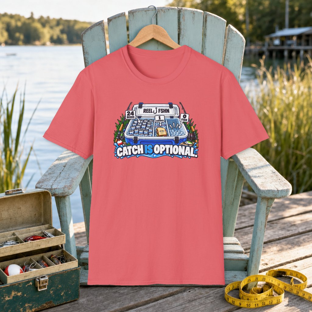 Catch Is Optional T-Shirt on a hanger on a seafoam fishing chair beside a lake, tackle box, and measuring tape