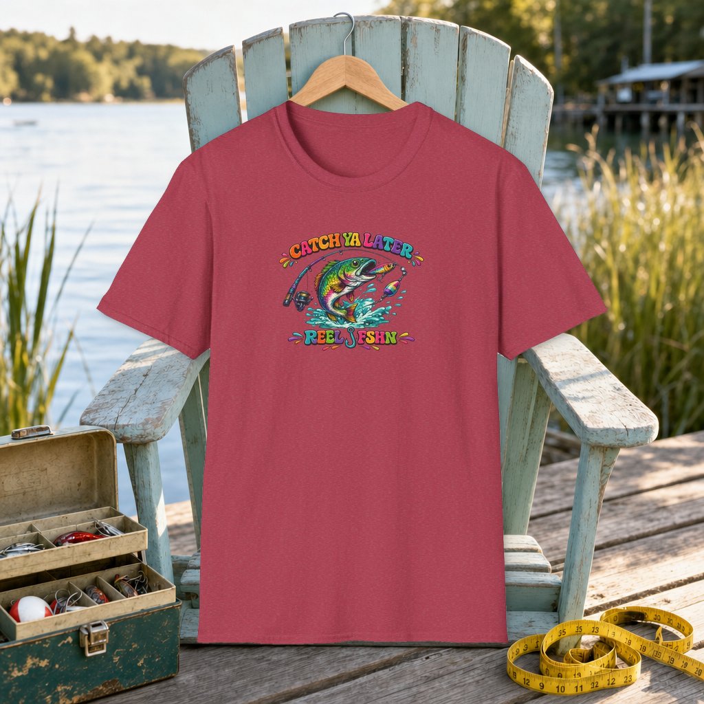 Catch Ya Later Funky Print T-Shirt on a hanger on a seafoam fishing chair beside a lake, tackle box, and measuring tape