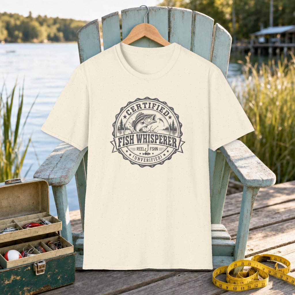 Certified Fish Whisperer T-Shirt on a hanger on a seafoam fishing chair beside a lake, tackle box, and measuring tape