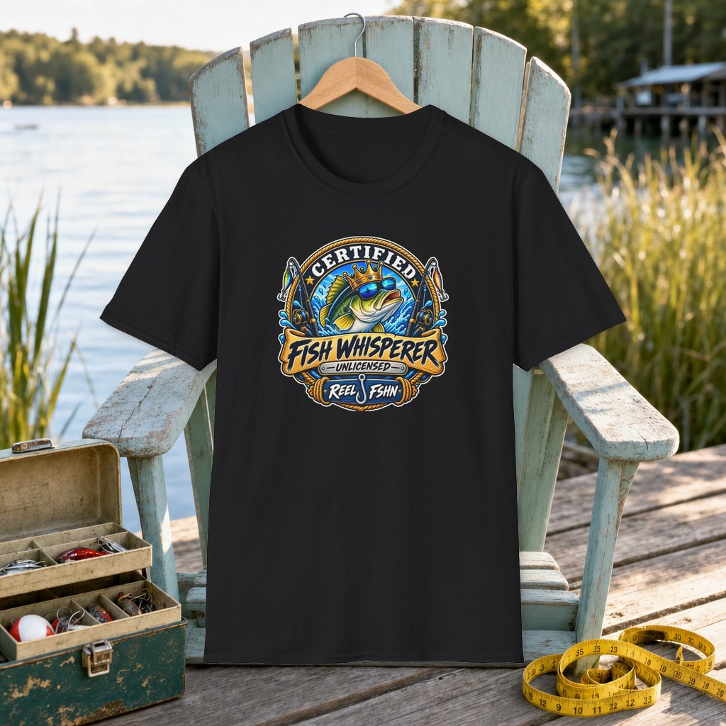 Certified Fish Whisperer (Unlicensed) T-Shirt on a hanger on a seafoam fishing chair beside a lake, tackle box, and measuring tape