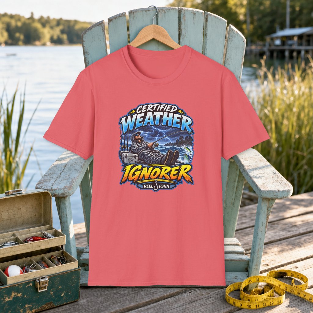 Certified Weather Ignorer T-Shirt on a hanger on a seafoam fishing chair beside a lake, tackle box, and measuring tape