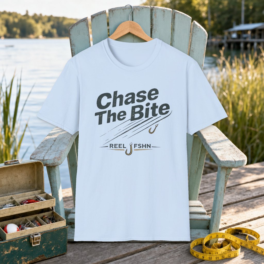 Chase The Bite T-Shirt on a hanger on a seafoam fishing chair beside a lake, tackle box, and measuring tape