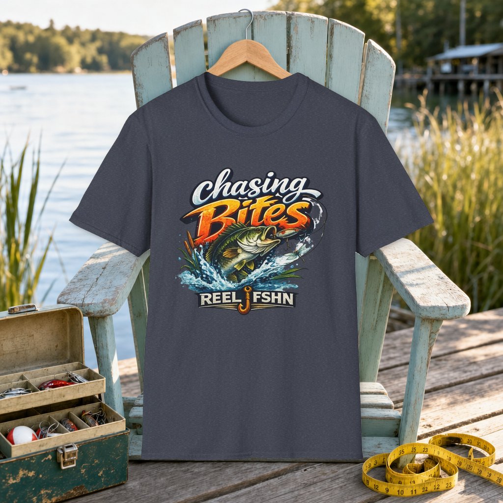 Chasing Bites T-Shirt on a hanger on a seafoam fishing chair beside a lake, tackle box, and measuring tape