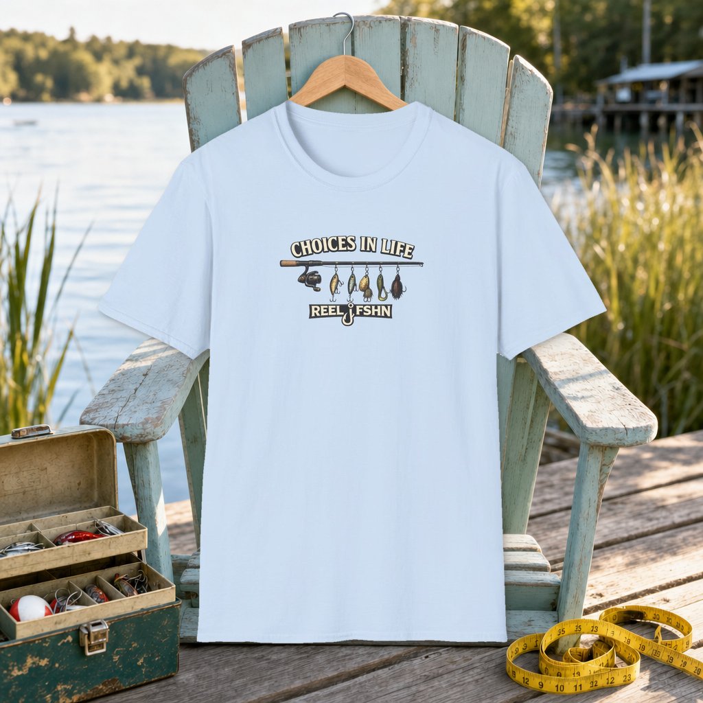 Choices In Life T-Shirt on a hanger on a seafoam fishing chair beside a lake, tackle box, and measuring tape
