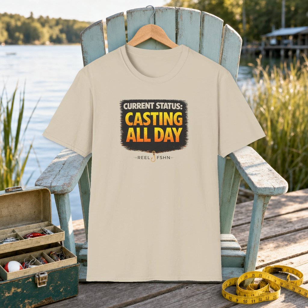 Current Status: Casting All Day T-Shirt on a hanger on a seafoam fishing chair beside a lake, tackle box, and measuring tape