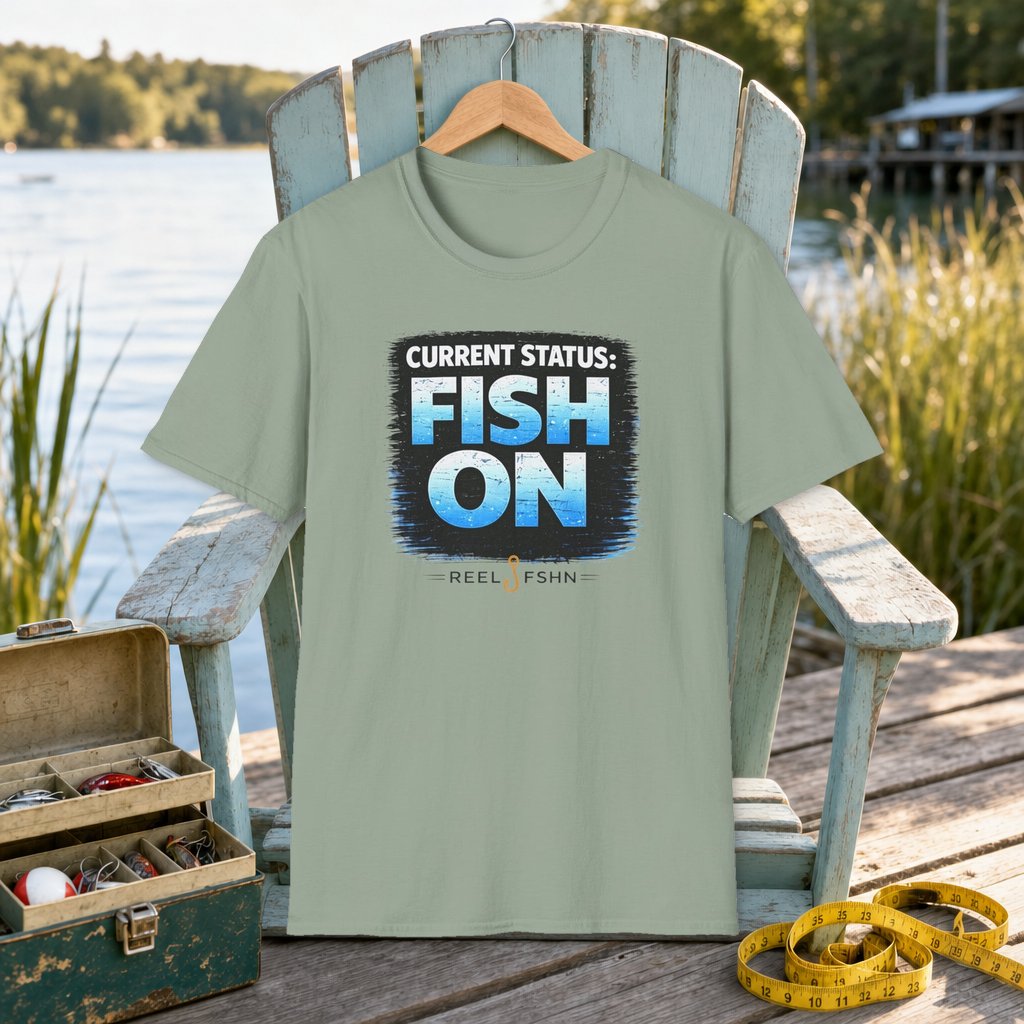 Current Status: Fish On! T-Shirt on a hanger on a seafoam fishing chair beside a lake, tackle box, and measuring tape