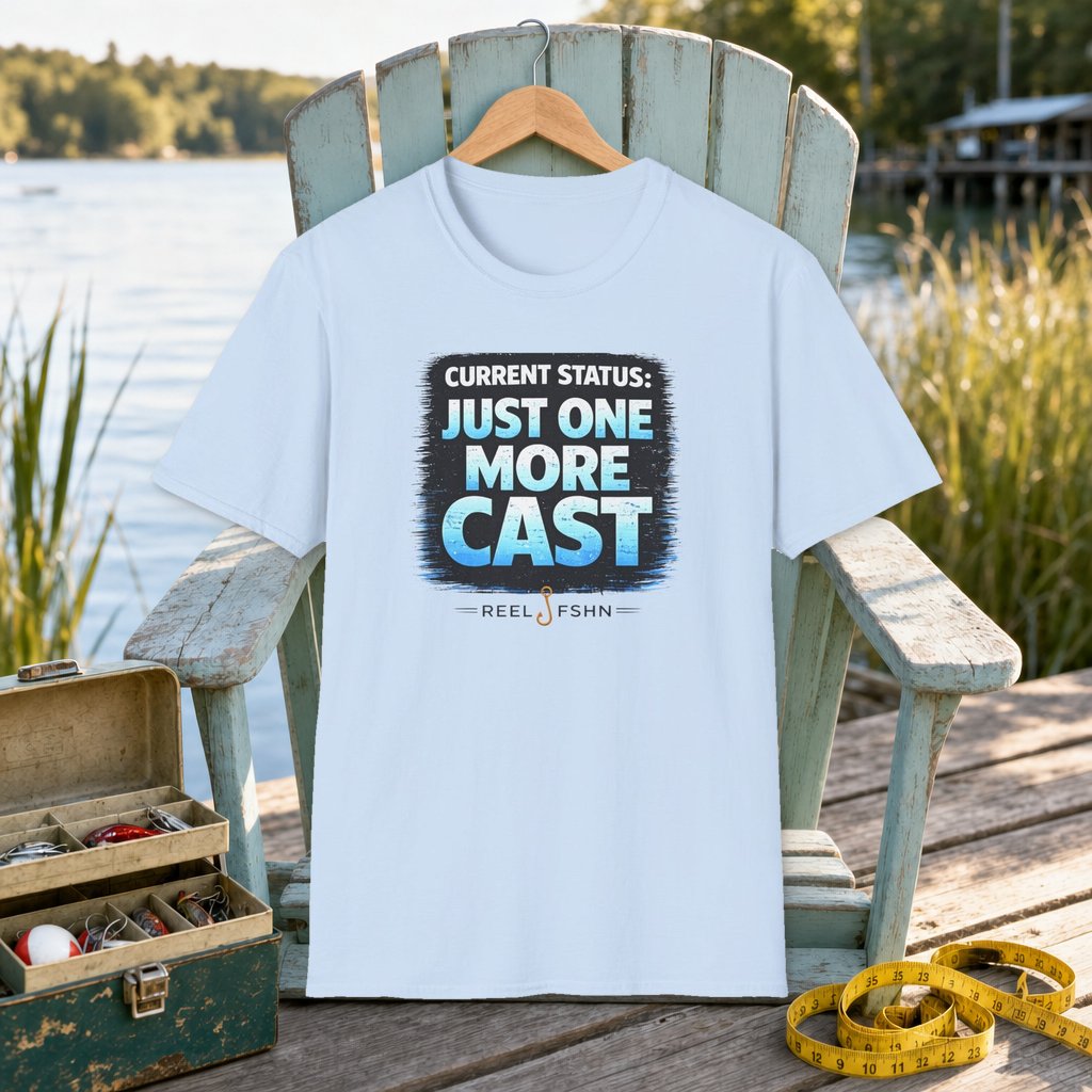 Current Status: Just One More Cast T-Shirt on a hanger on a seafoam fishing chair beside a lake, tackle box, and measuring tape