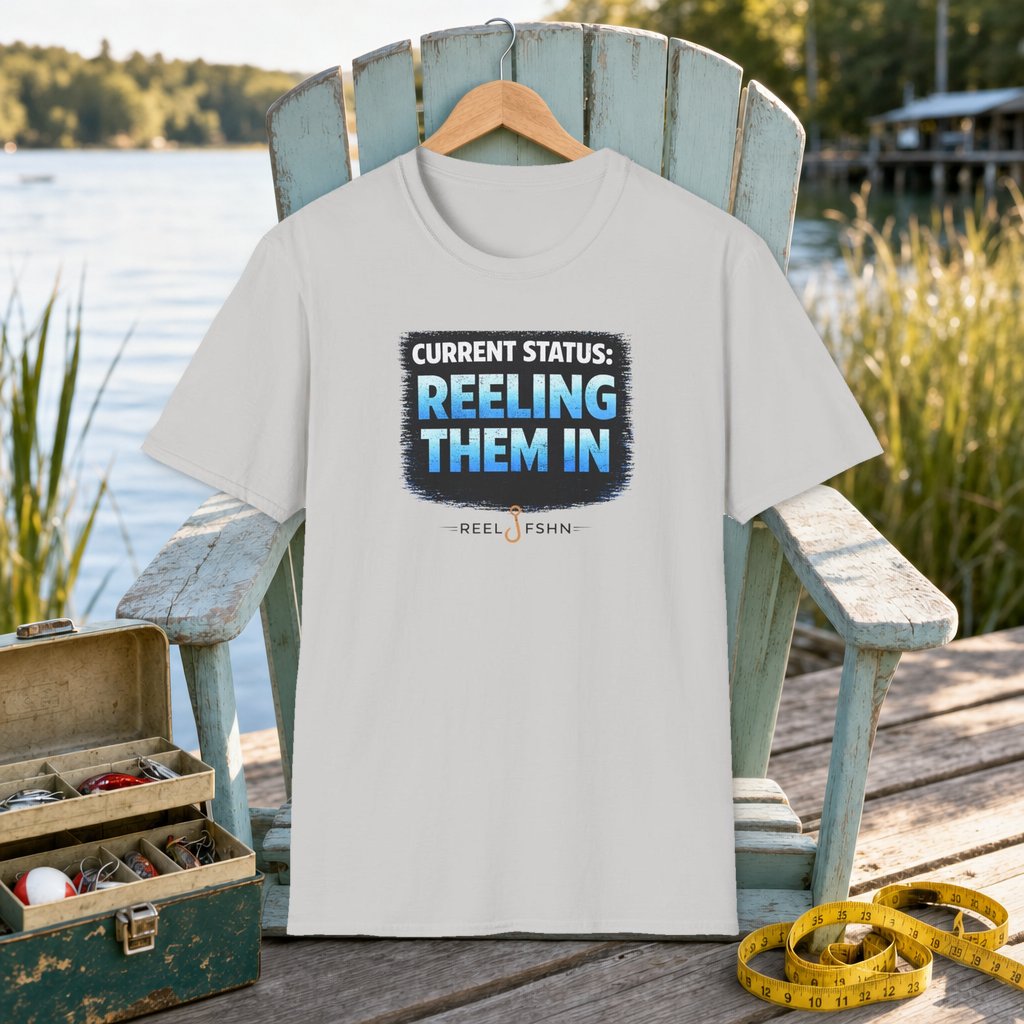 Current Status: Reeling Them In T-Shirt on a hanger on a seafoam fishing chair beside a lake, tackle box, and measuring tape