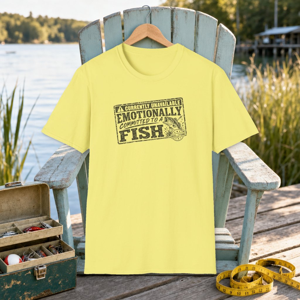 Currently Unavailable Emotionally Committed To A Fish T-Shirt on a hanger on a seafoam fishing chair beside a lake, tackle box, and measuring tape