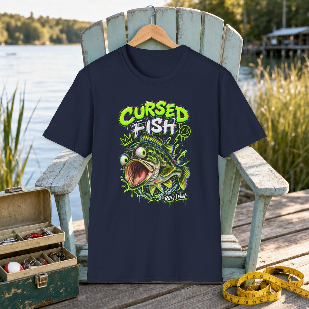 Cursed Fish T-Shirt on a hanger on a seafoam fishing chair beside a lake, tackle box, and measuring tape