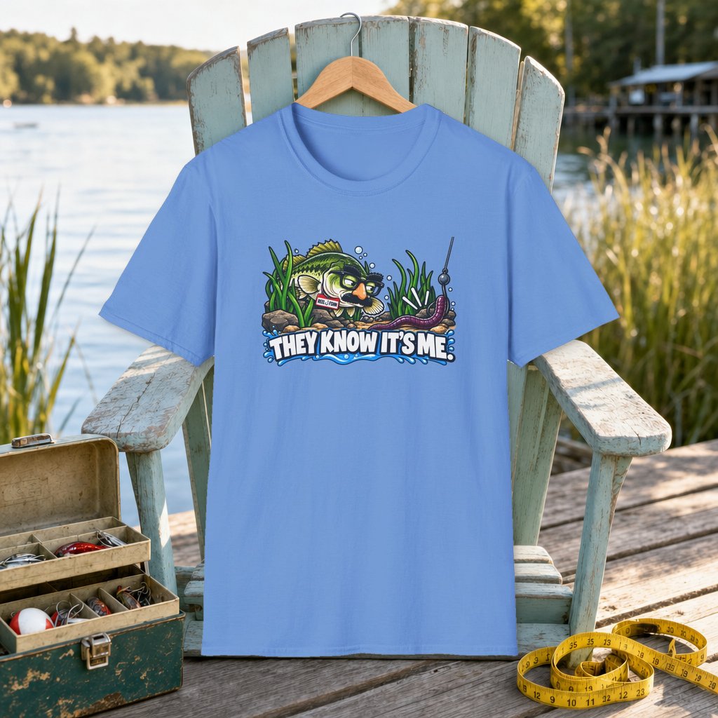 Disguised Bass T-Shirt on a hanger on a seafoam fishing chair beside a lake, tackle box, and measuring tape