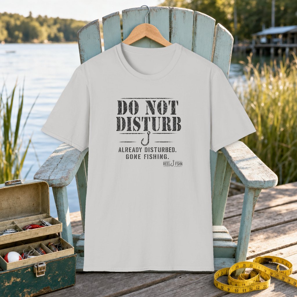 Do Not Disturb Already Disturbed Gone Fishing T-Shirt on a hanger on a seafoam fishing chair beside a lake, tackle box, and measuring tape