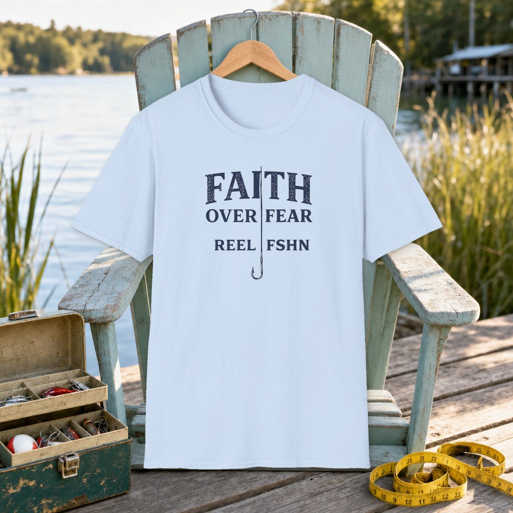Faith Over Fear T-Shirt on a hanger on a seafoam fishing chair beside a lake, tackle box, and measuring tape