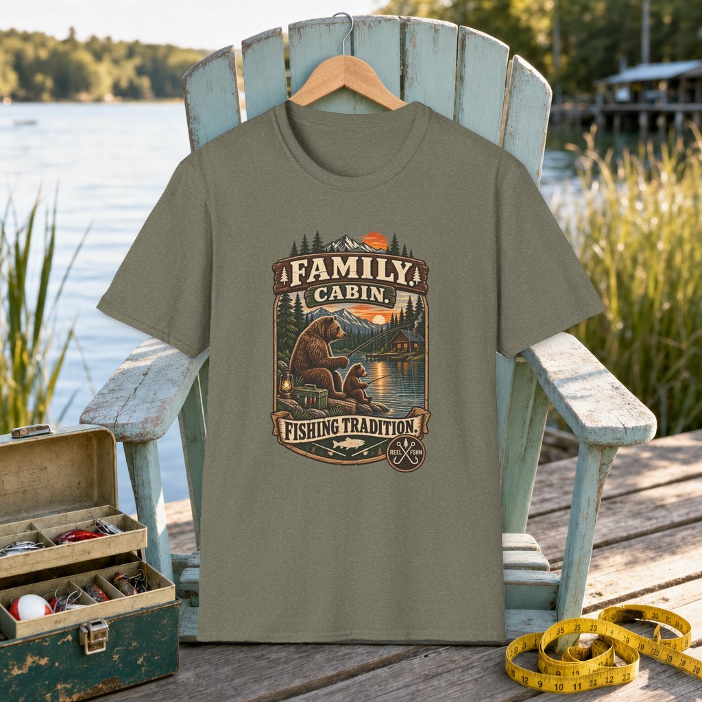 Family Cabin. Fishing Tradition T-Shirt on a hanger on a seafoam fishing chair beside a lake, tackle box, and measuring tape