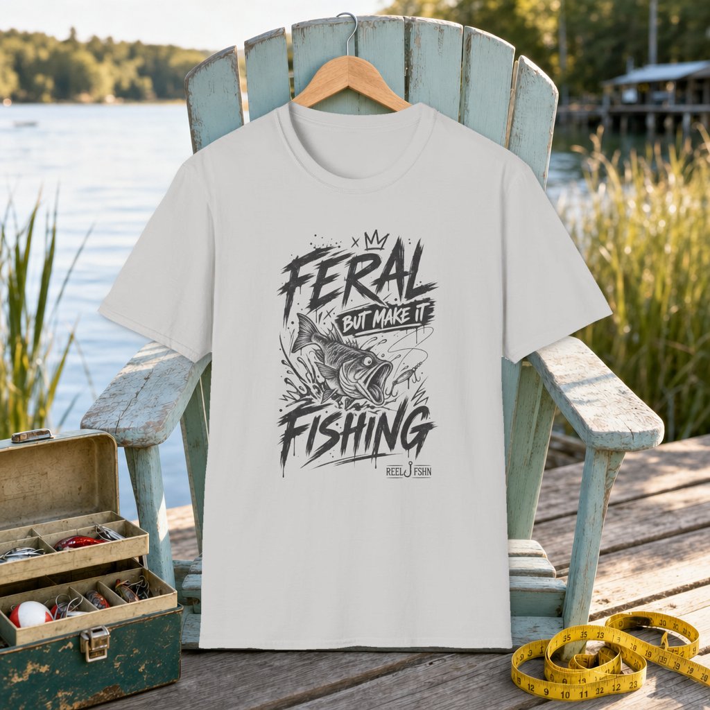 Feral But Make It Fishing T-Shirt on a hanger on a seafoam fishing chair beside a lake, tackle box, and measuring tape