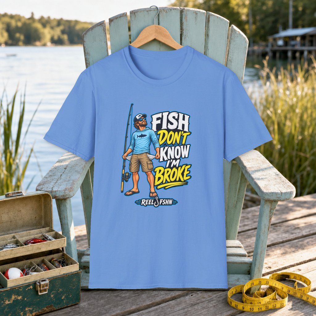 Fish Don't Know I'm Broke T-Shirt on a hanger on a seafoam fishing chair beside a lake, tackle box, and measuring tape