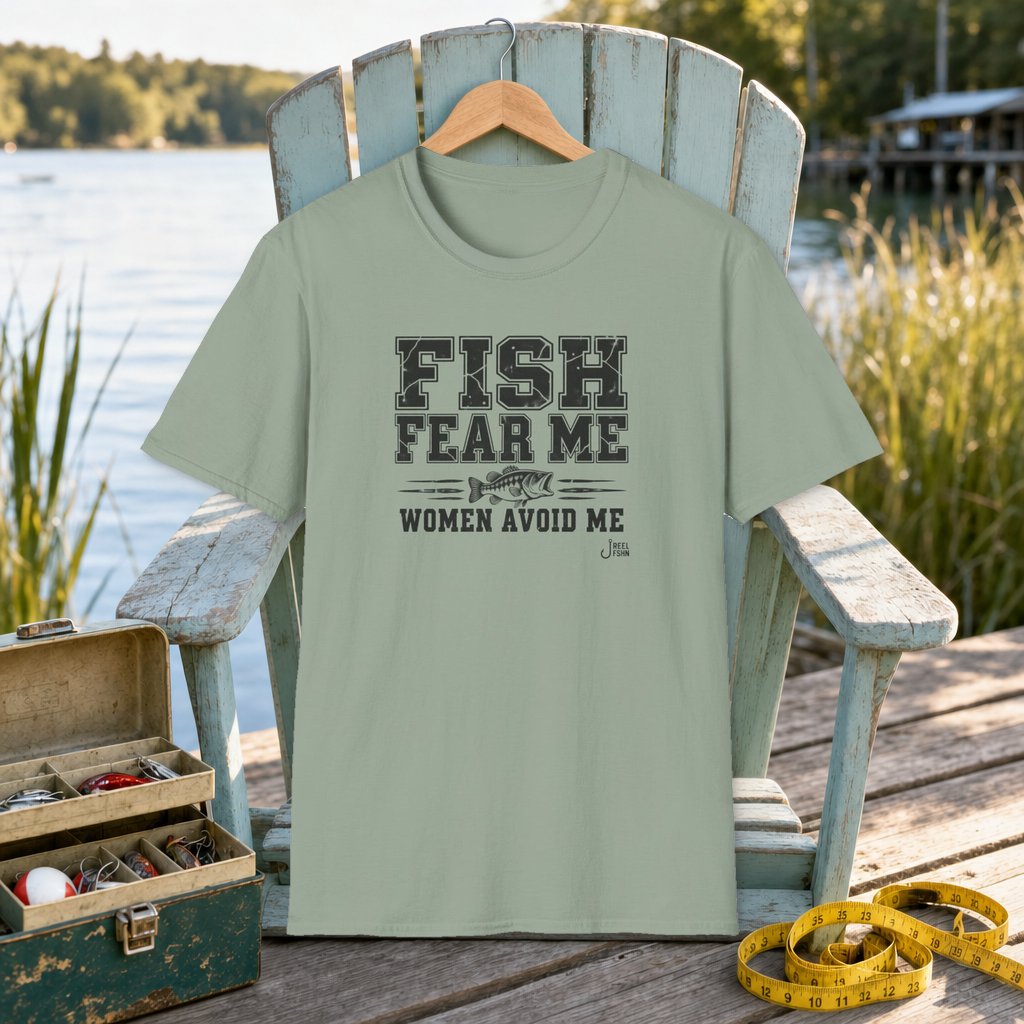 Fish Fear Me Women Avoid Me T-Shirt on a hanger on a seafoam fishing chair beside a lake, tackle box, and measuring tape