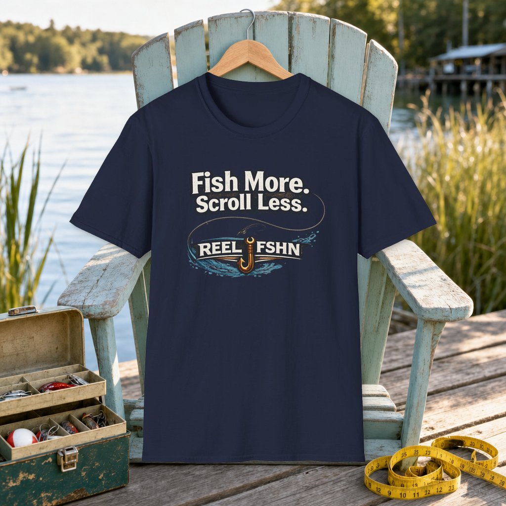 Fish More. Scroll Less T-Shirt on a hanger on a seafoam fishing chair beside a lake, tackle box, and measuring tape