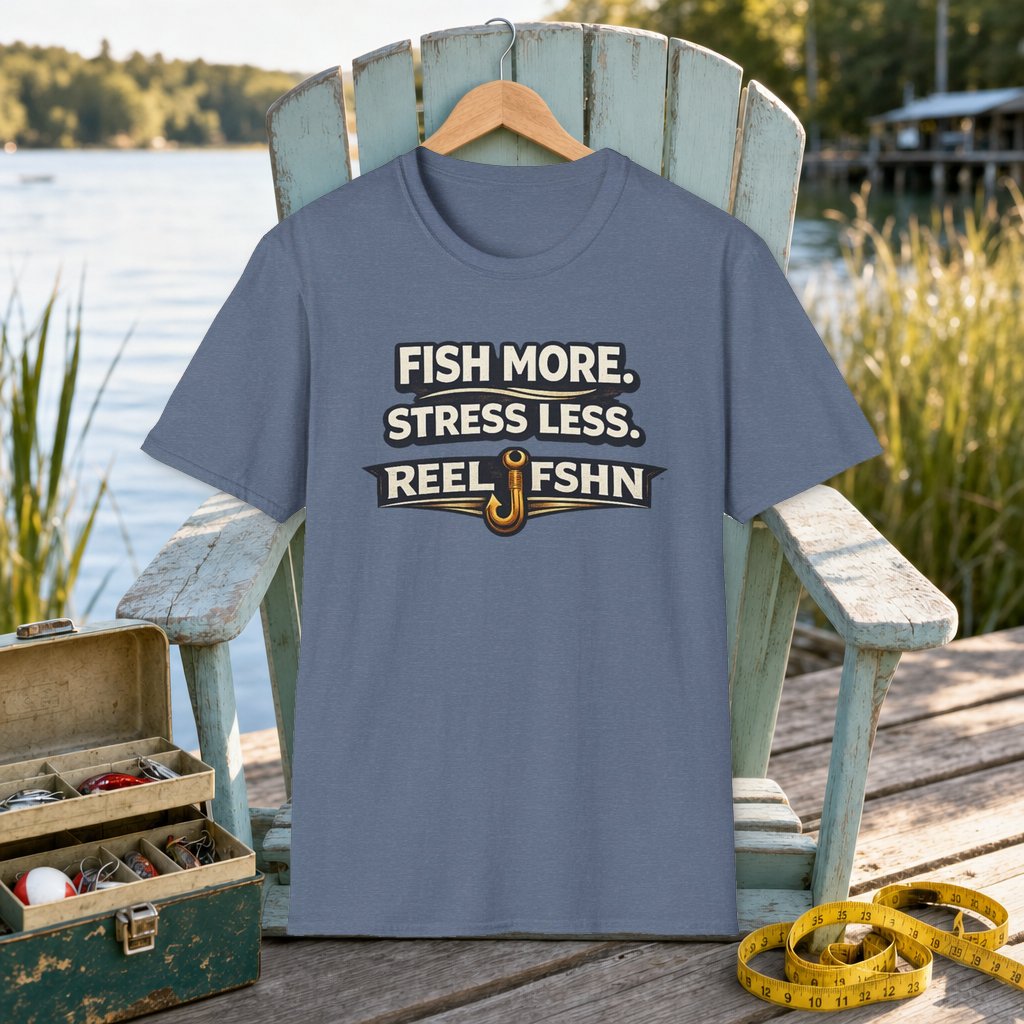 Fish More. Stress Less. T-Shirt on a hanger on a seafoam fishing chair beside a lake, tackle box, and measuring tape