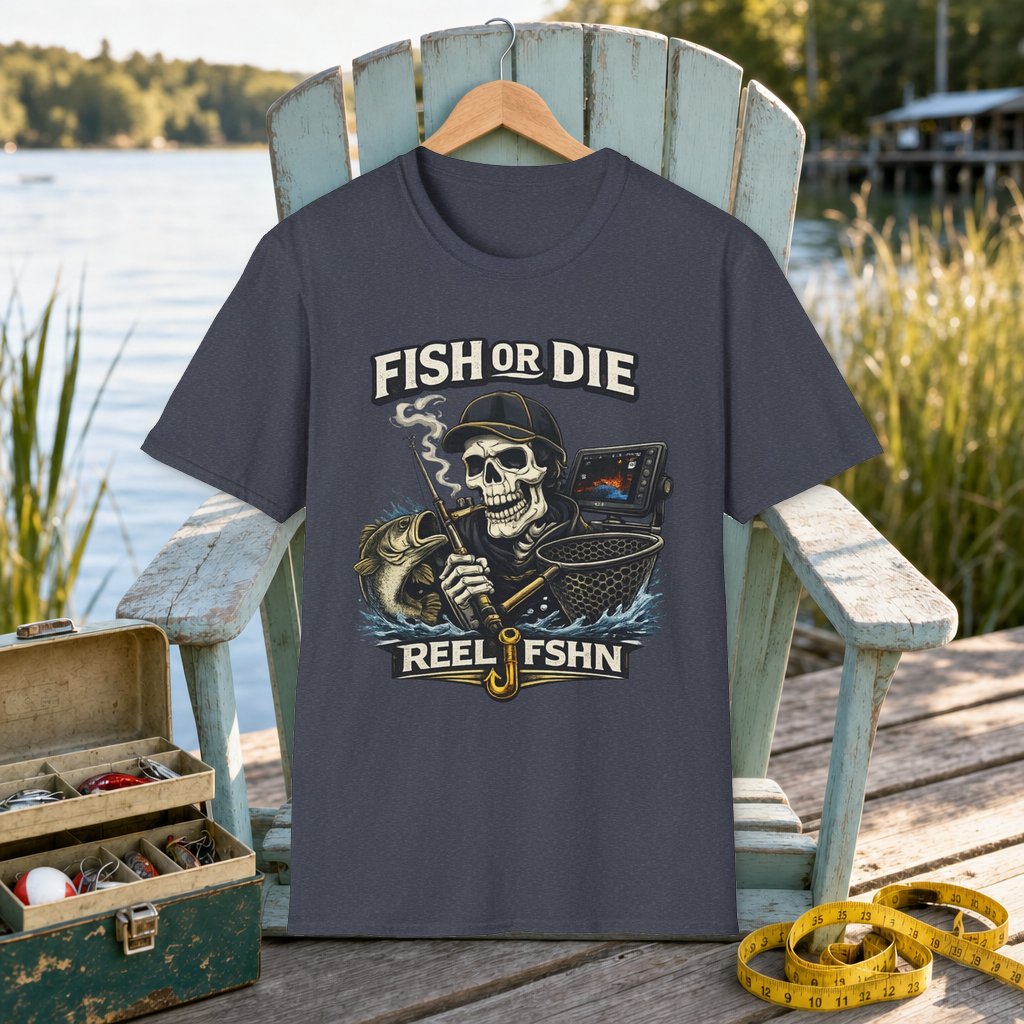 Fish or Die Skull Fishing T-Shirt on a hanger on a seafoam fishing chair beside a lake, tackle box, and measuring tape