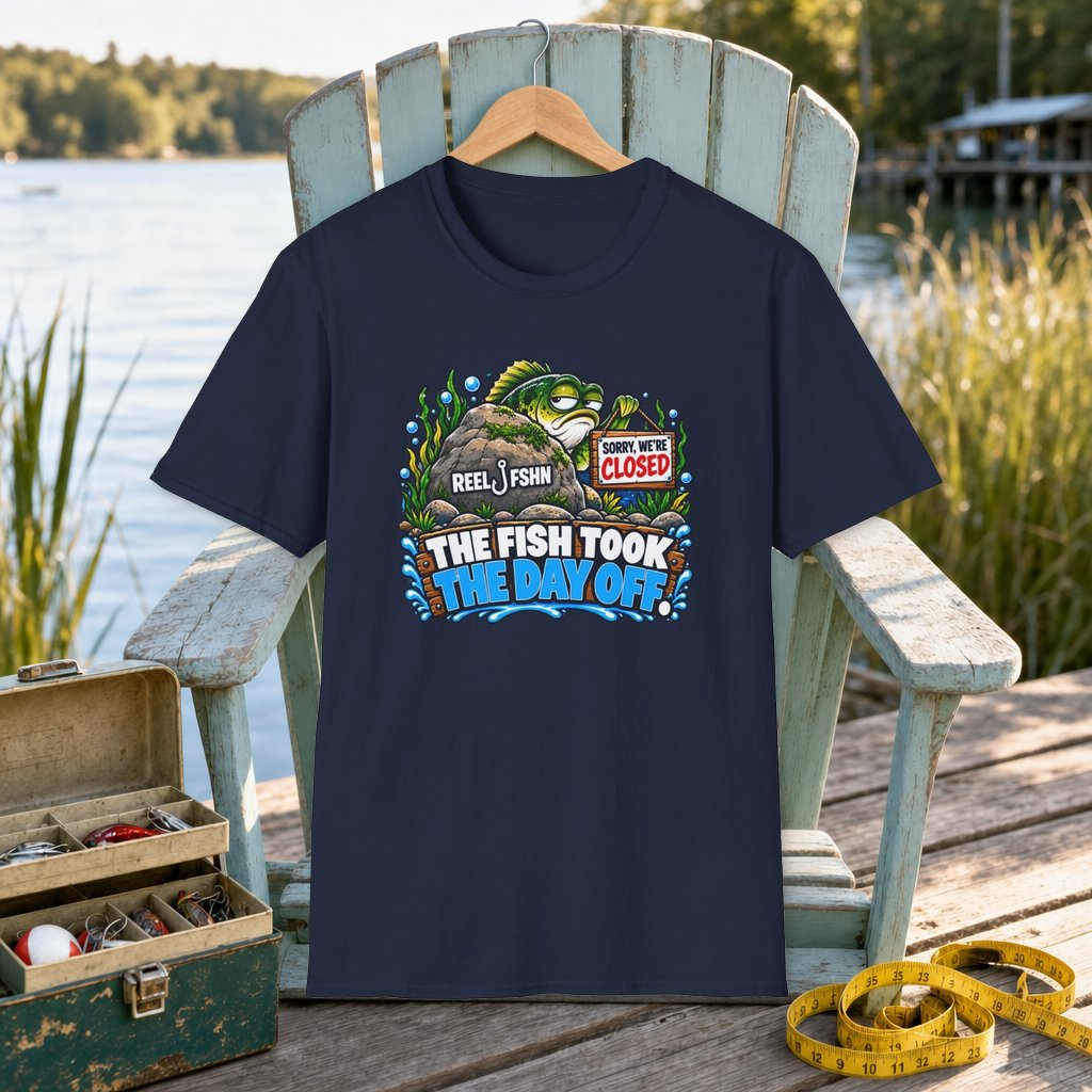 Fish Took The Day Off  T-Shirt on a hanger on a seafoam fishing chair beside a lake, tackle box, and measuring tape