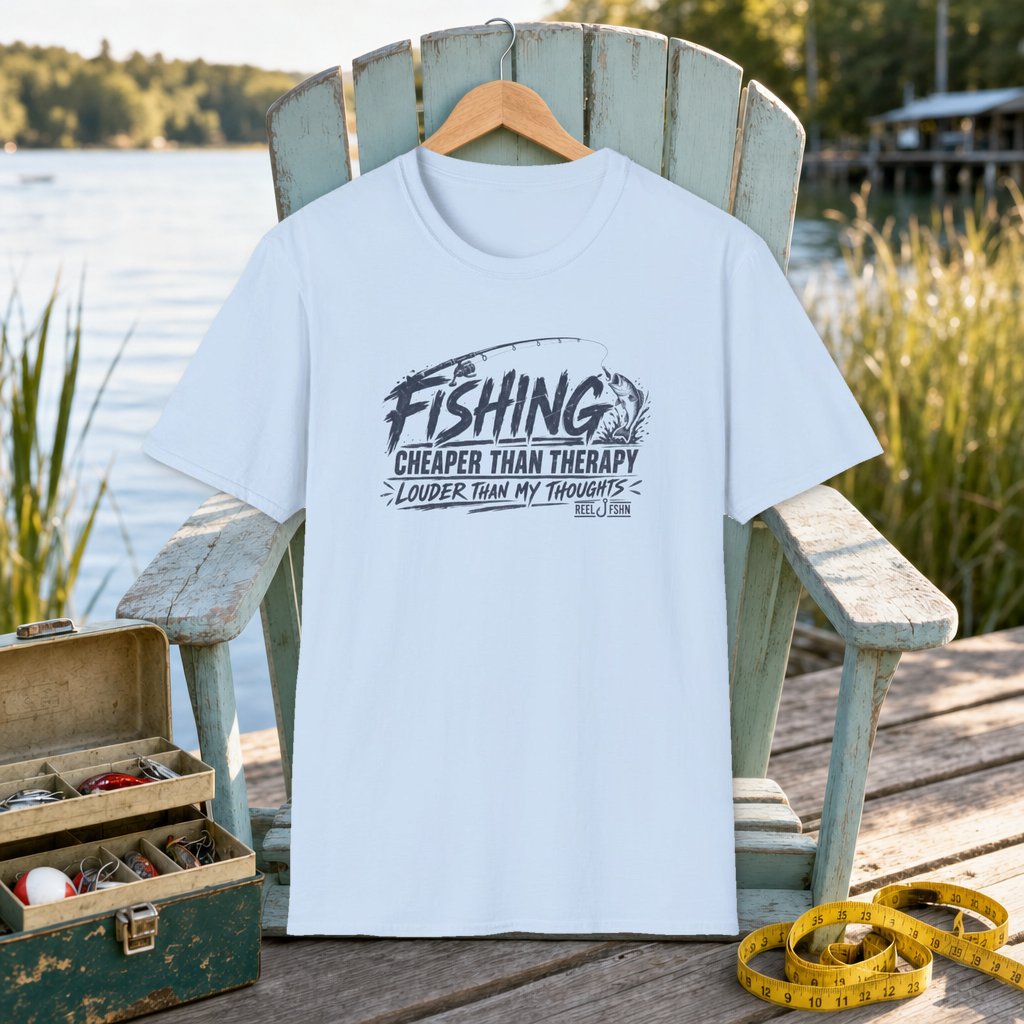 Fishing Cheaper Than Therapy Louder Than MY Thoughts T-Shirt on a hanger on a seafoam fishing chair beside a lake, tackle box, and measuring tape