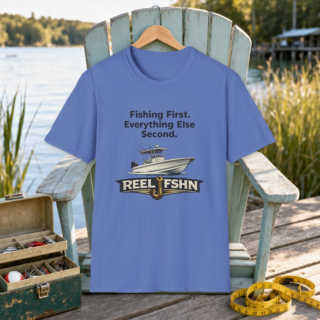 Fishing First. Everything Else Second. T-Shirt on a hanger on a seafoam fishing chair beside a lake, tackle box, and measuring tape