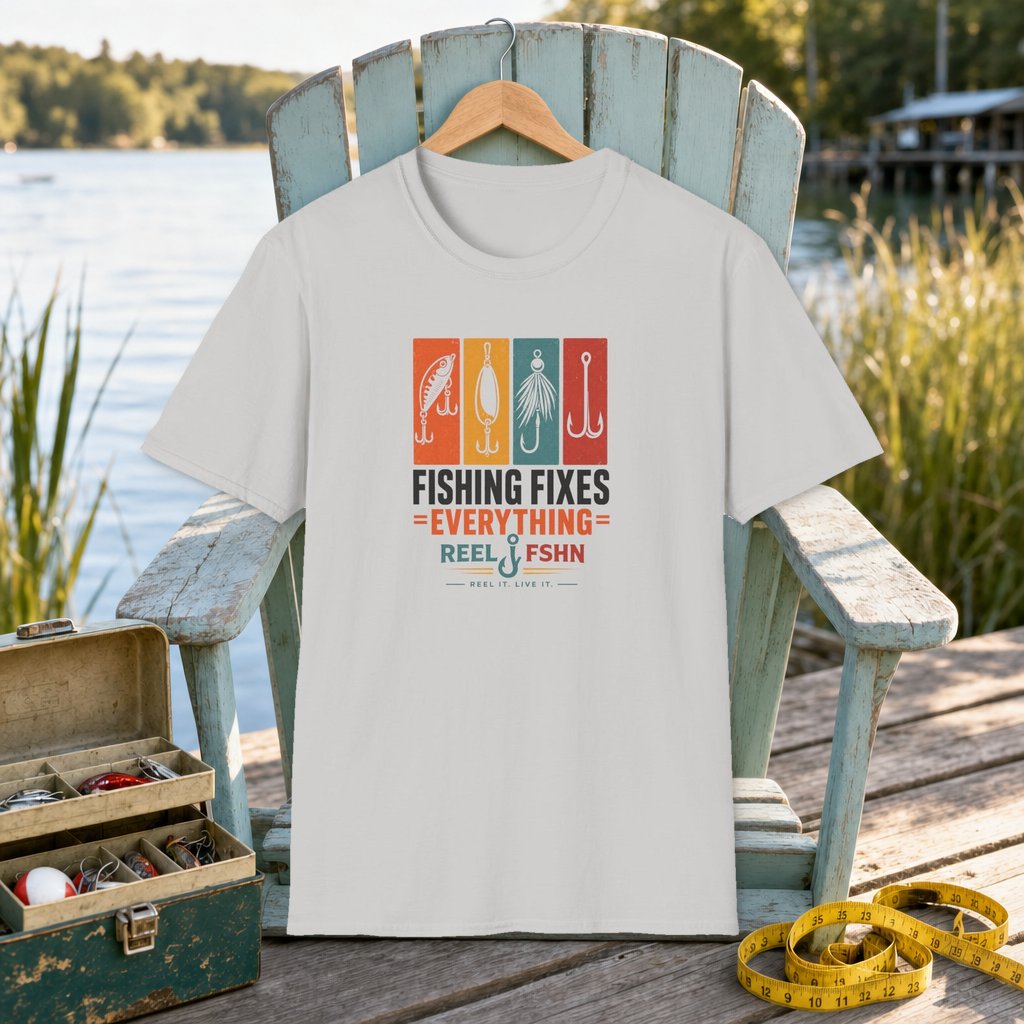 Fishing Fixes Everything T-Shirt on a hanger on a seafoam fishing chair beside a lake, tackle box, and measuring tape