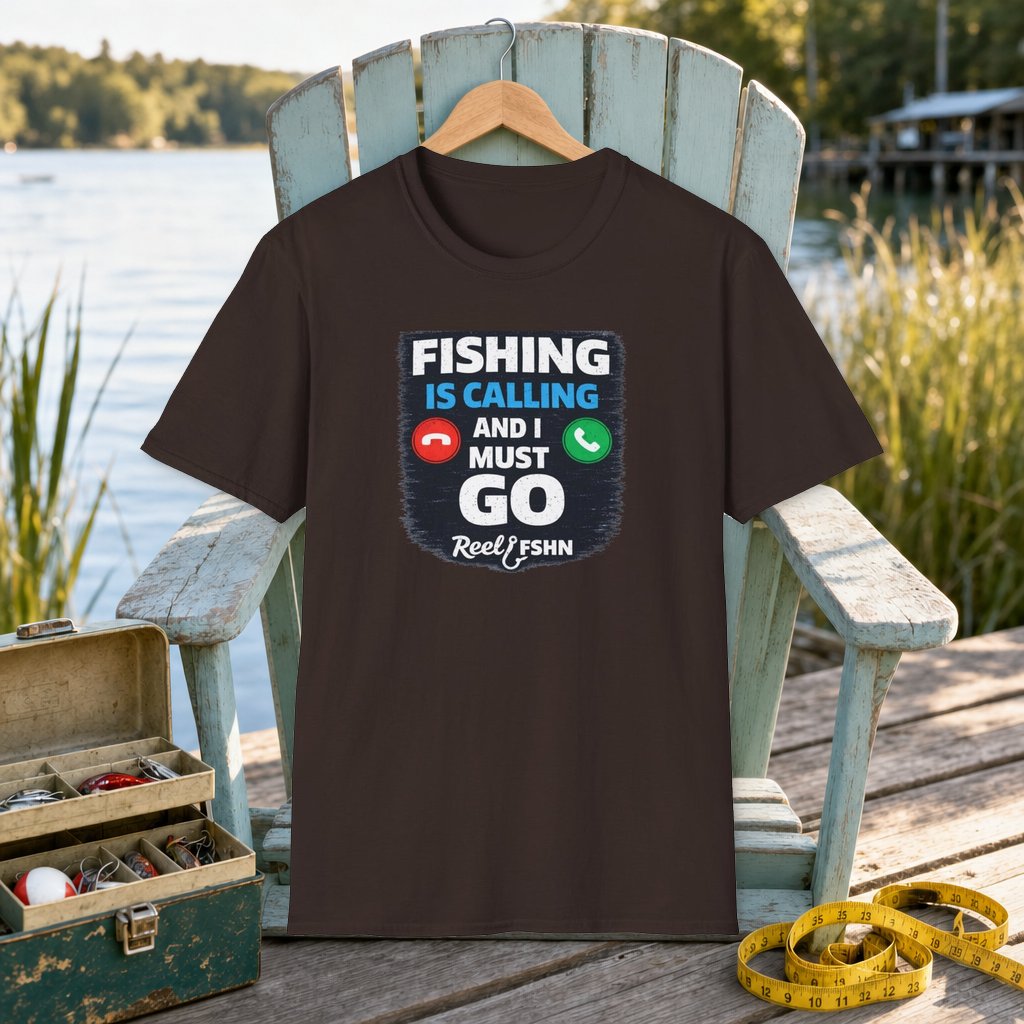Fishing Is Calling And I Must Go T-Shirt on a hanger on a seafoam fishing chair beside a lake, tackle box, and measuring tape