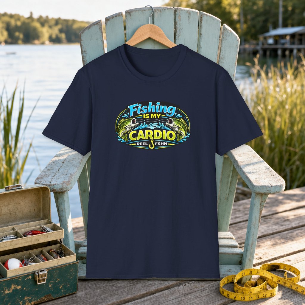 Fishing Is My Cardio T-Shirt on a hanger on a seafoam fishing chair beside a lake, tackle box, and measuring tape