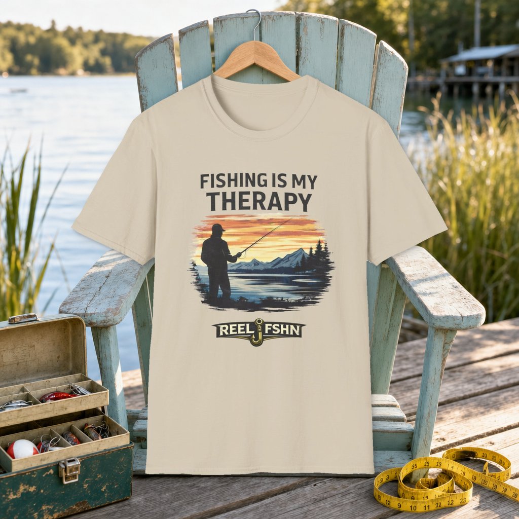 Fishing Is My Therapy T-Shirt on a hanger on a seafoam fishing chair beside a lake, tackle box, and measuring tape