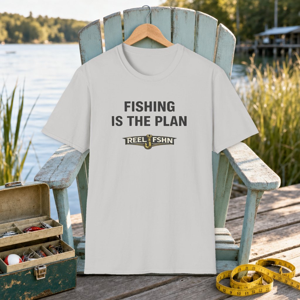 Fishing Is The Plan T-Shirt on a hanger on a seafoam fishing chair beside a lake, tackle box, and measuring tape