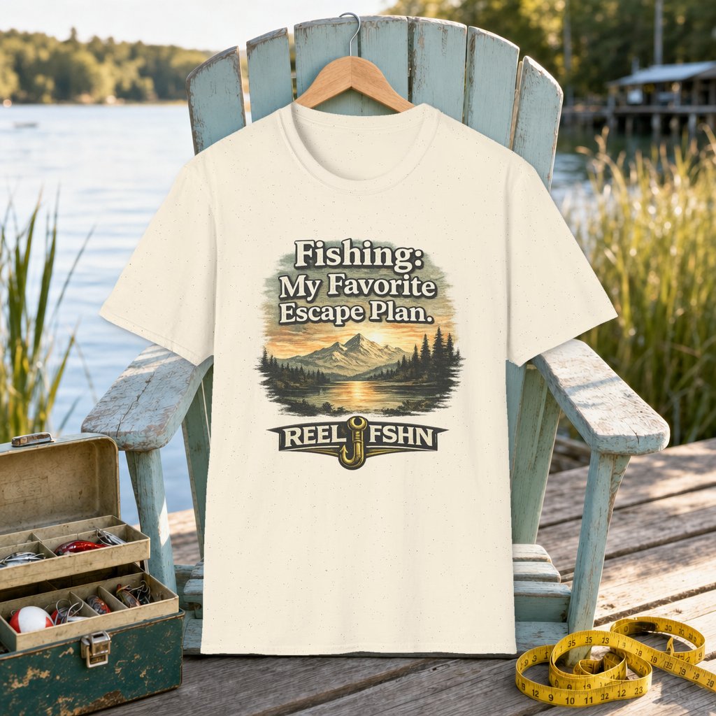 Fishing: My Favorite Escape Plan T-Shirt on a hanger on a seafoam fishing chair beside a lake, tackle box, and measuring tape