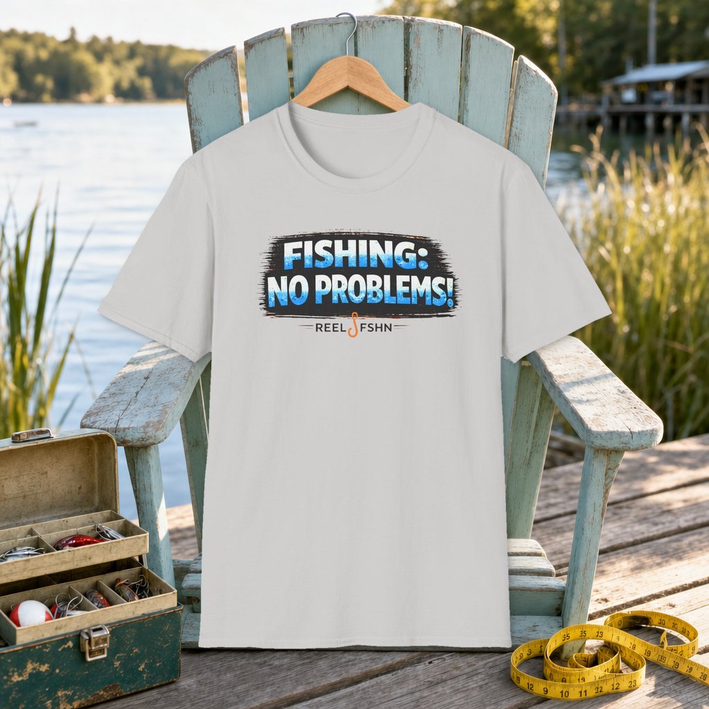 Fishing: No Problems! T-Shirt on a hanger on a seafoam fishing chair beside a lake, tackle box, and measuring tape