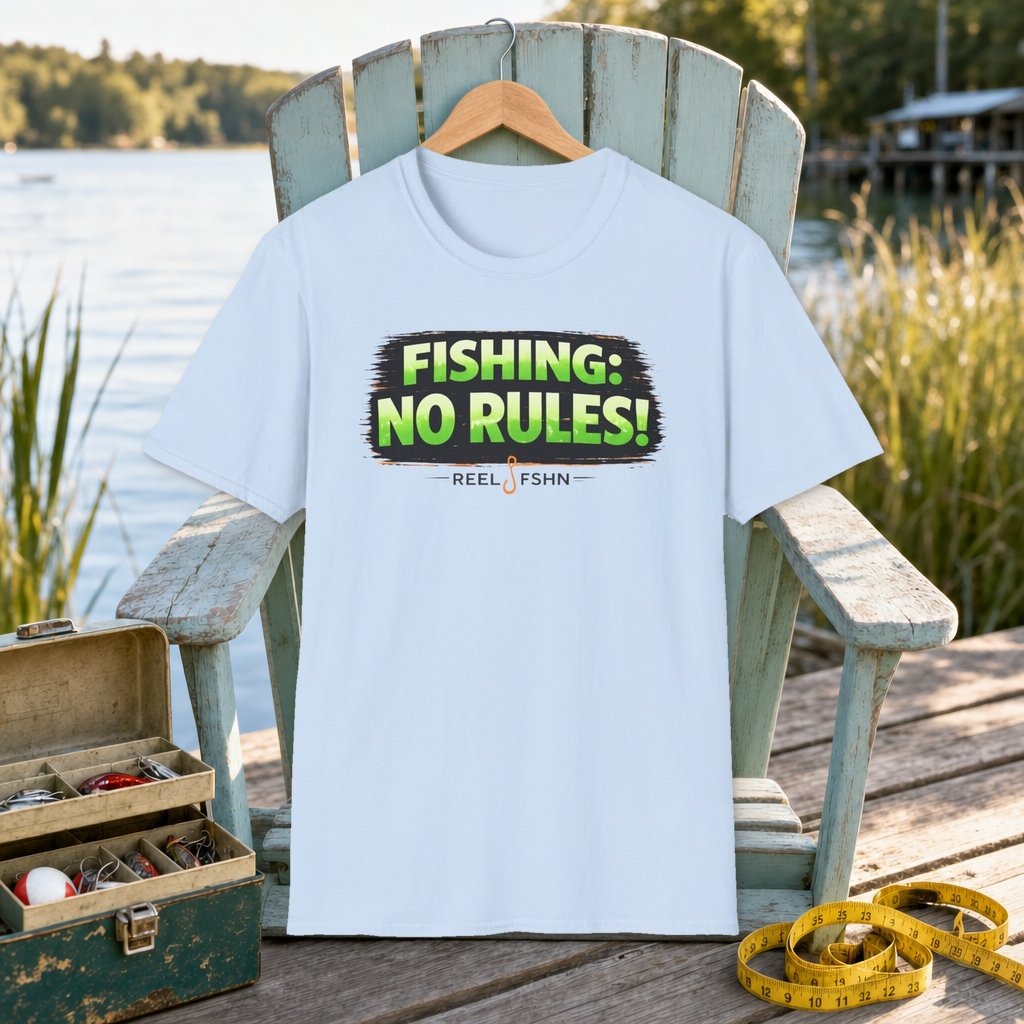 Fishing: No Rules! T-Shirt on a hanger on a seafoam fishing chair beside a lake, tackle box, and measuring tape