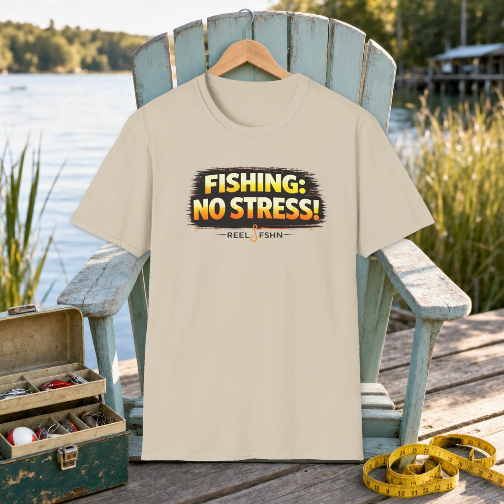 Fishing: No Stress T-Shirt on a hanger on a seafoam fishing chair beside a lake, tackle box, and measuring tape
