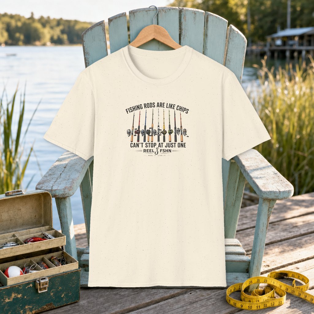 Fishing Rods Are Like Chips Can't Stop At One T-Shirt on a hanger on a seafoam fishing chair beside a lake, tackle box, and measuring tape