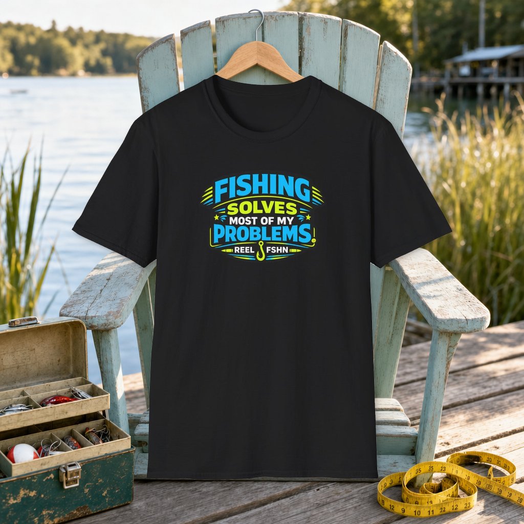 Fishing Solves Most Of My Problems T-Shirt on a hanger on a seafoam fishing chair beside a lake, tackle box, and measuring tape