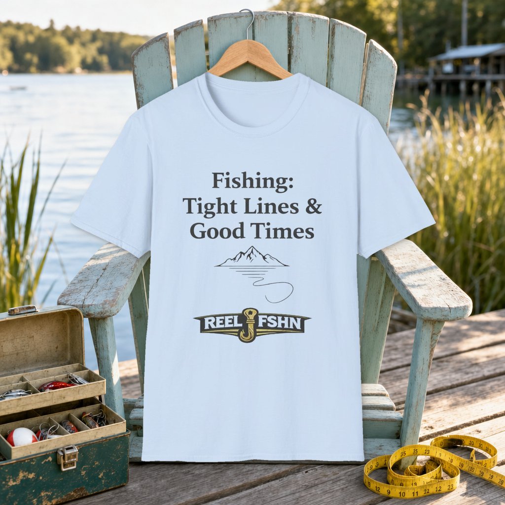 Fishing: Tight Lines and Good Times T-Shirt on a hanger on a seafoam fishing chair beside a lake, tackle box, and measuring tape