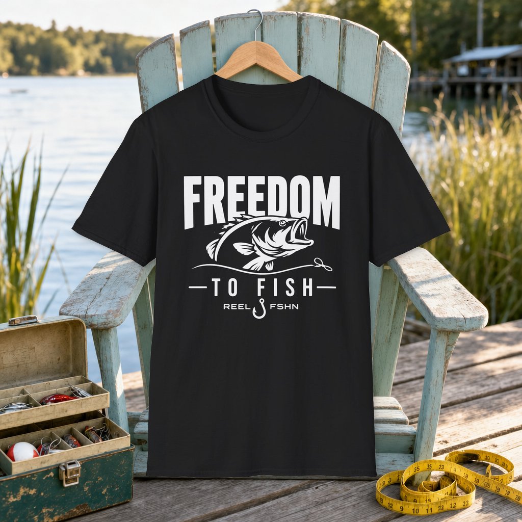 Freedom To Fish T-Shirt on a hanger on a seafoam fishing chair beside a lake, tackle box, and measuring tape