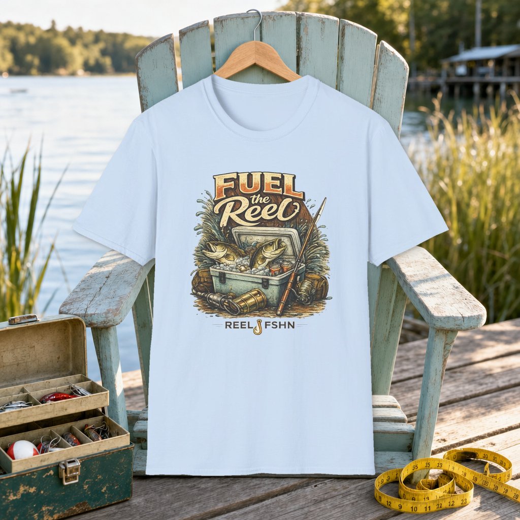 Fuel The Reel T-Shirt on a hanger on a seafoam fishing chair beside a lake, tackle box, and measuring tape