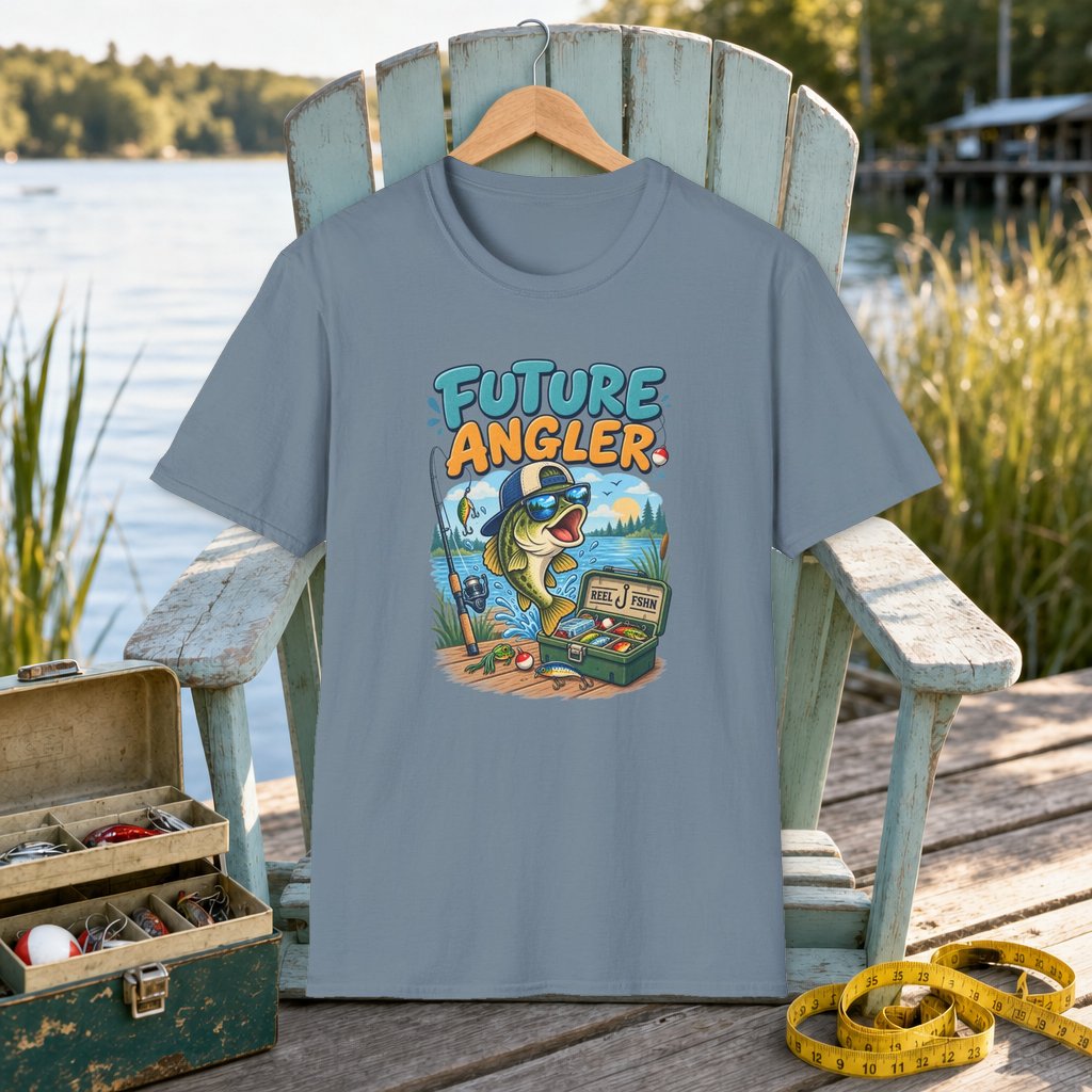 Future Angler T-Shirt on a hanger on a seafoam fishing chair beside a lake, tackle box, and measuring tape