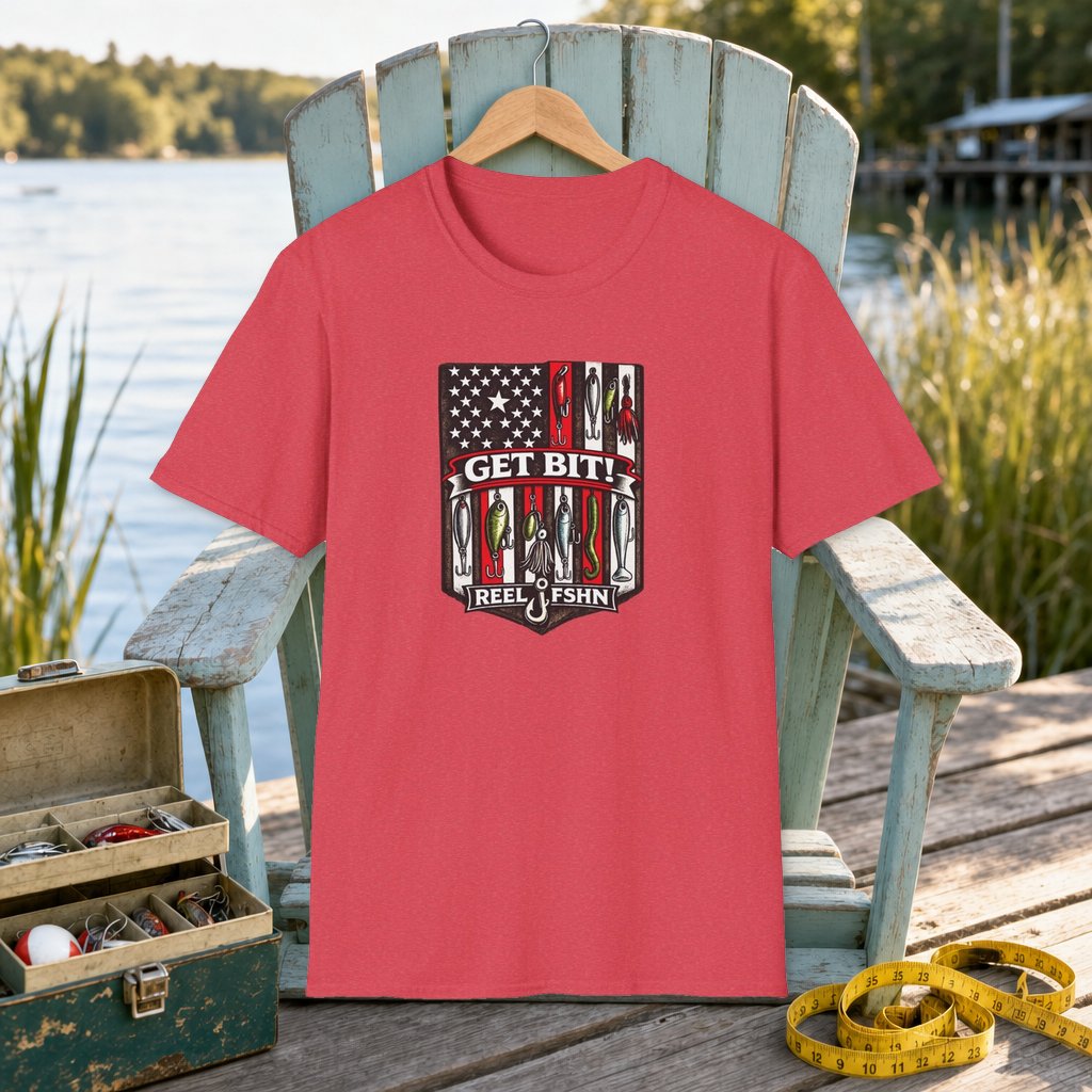 Get Bit! T-Shirt on a hanger on a seafoam fishing chair beside a lake, tackle box, and measuring tape