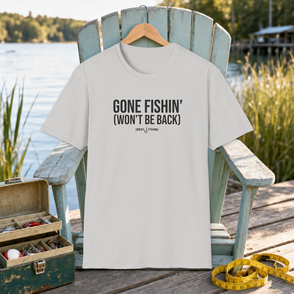Gone Fishin Won't Be Back T-Shirt on a hanger on a seafoam fishing chair beside a lake, tackle box, and measuring tape